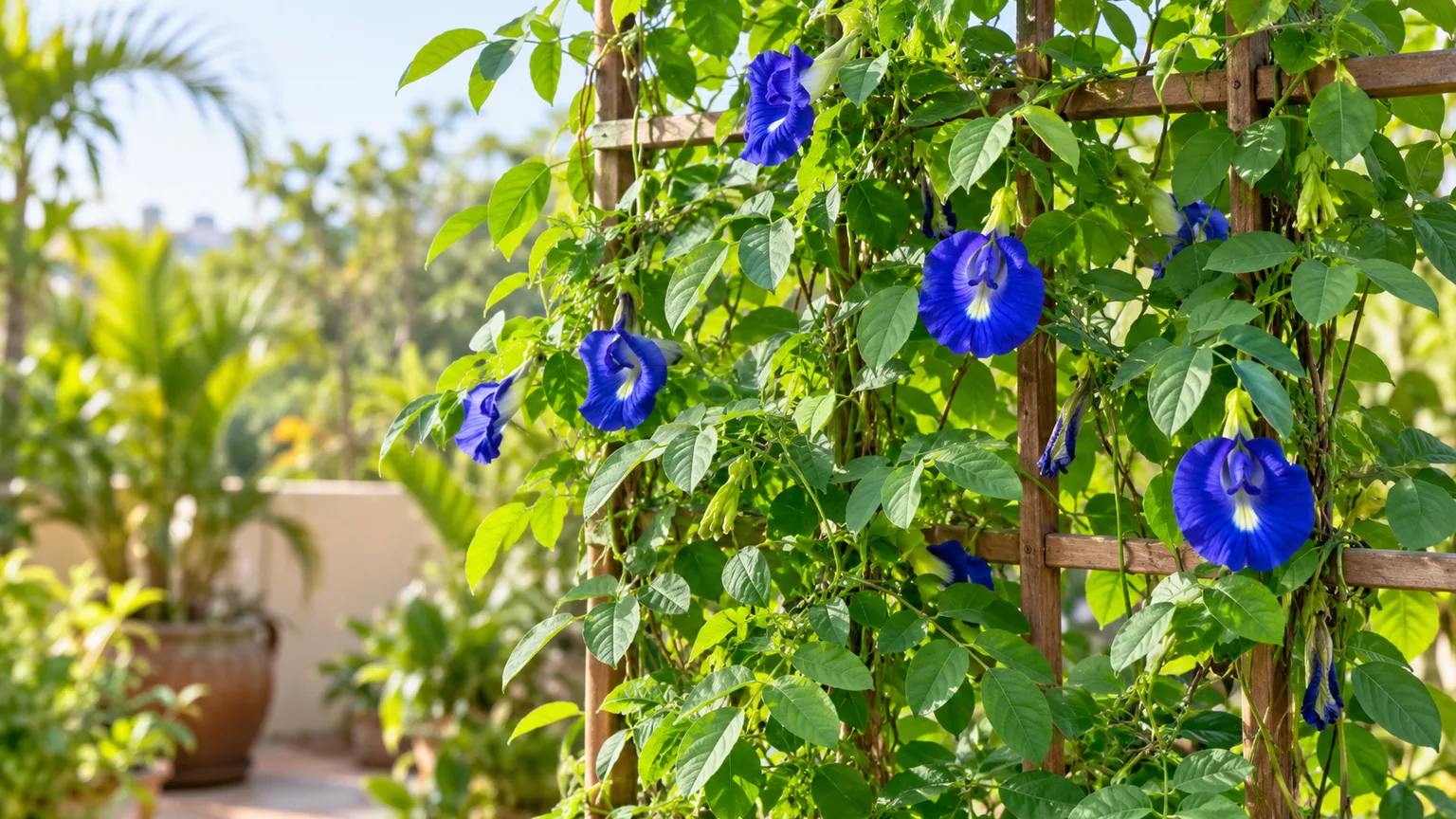 Blue butterfly pea flowers climbing a garden trellis in warm sunlight