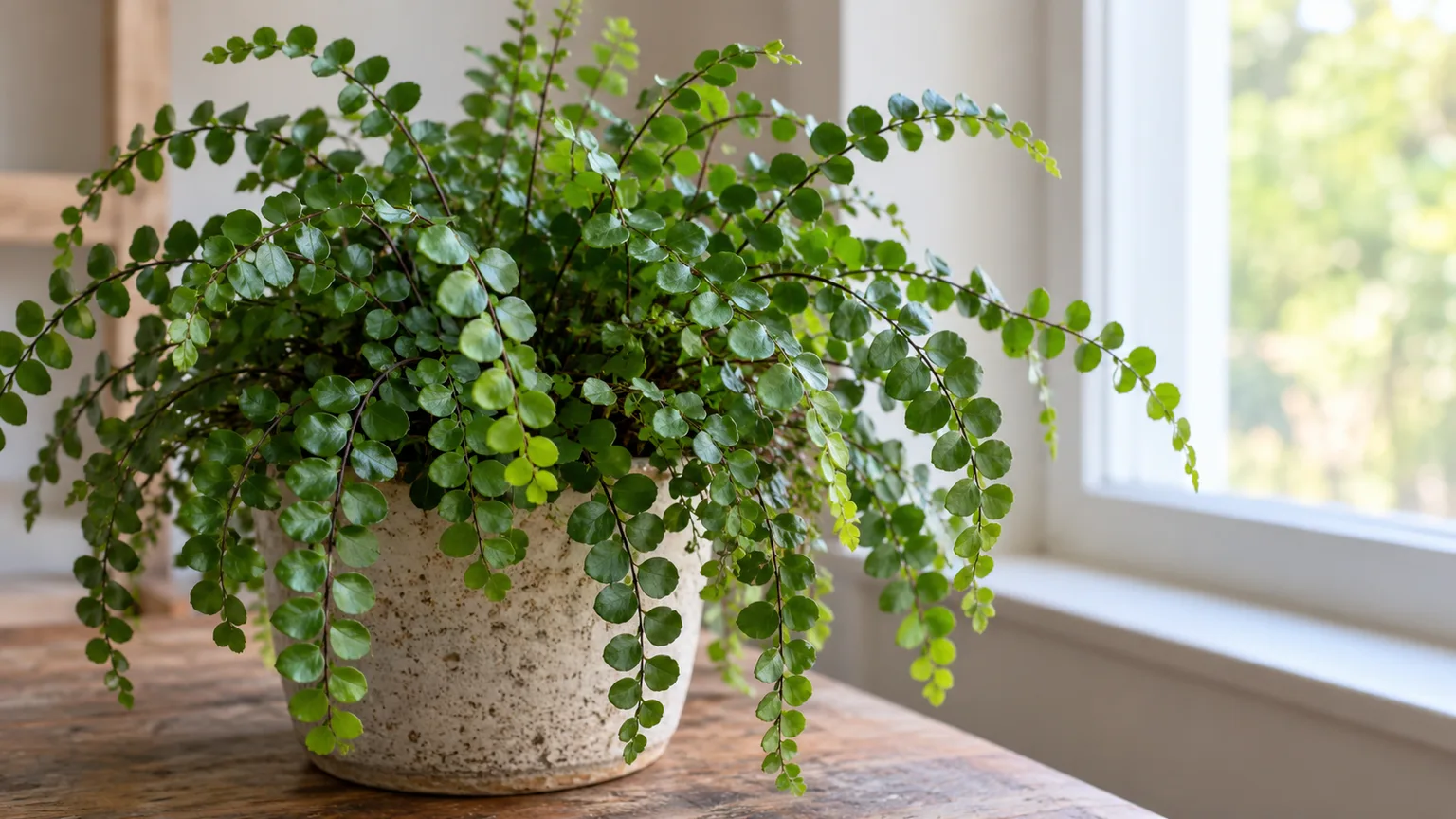 Healthy button fern with glossy round leaflets on arching reddish stems