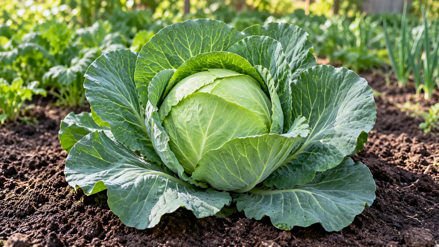 Healthy cabbage head growing in a sunny vegetable garden bed
