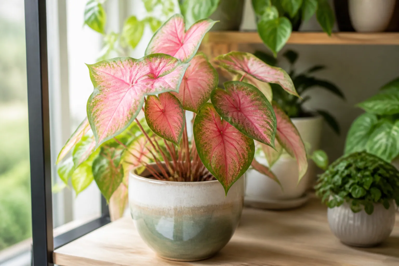 Caladium with pink, white, and green arrow-shaped leaves in a shaded garden bed