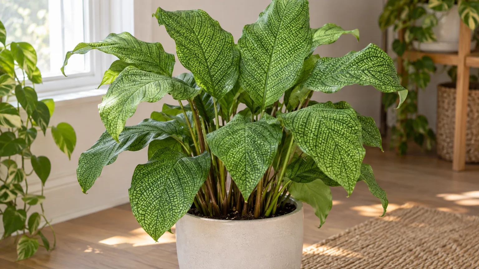 Healthy Calathea musaica with net-patterned leaves in bright filtered light