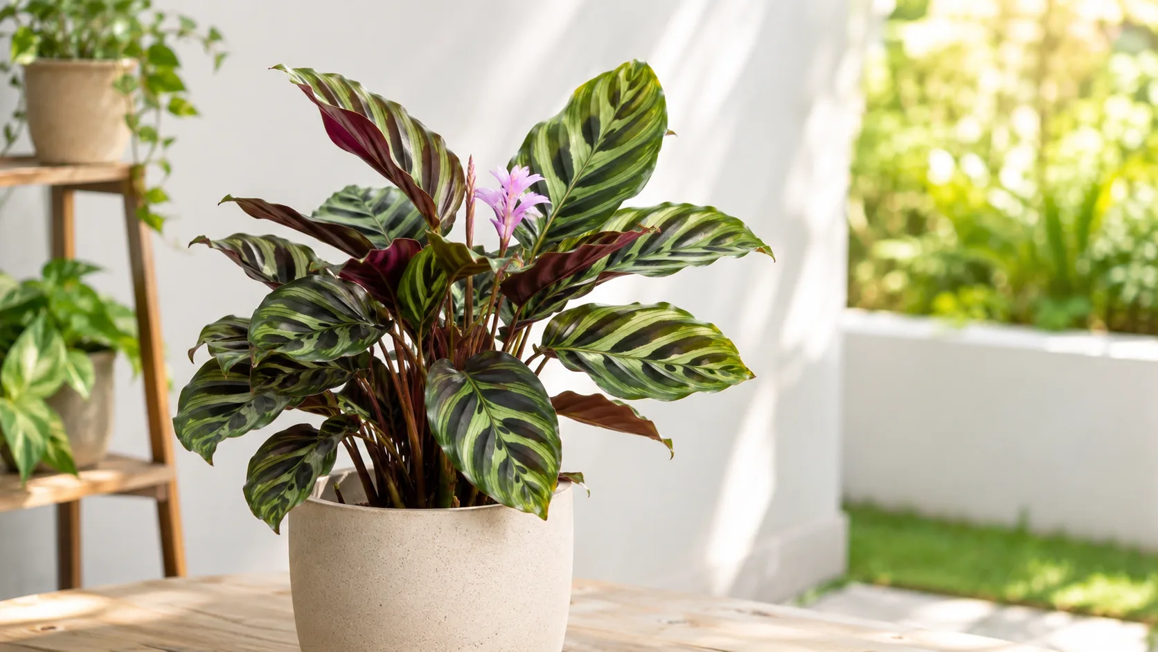 Calathea with patterned leaves in bright indirect light near a sheer-curtained window