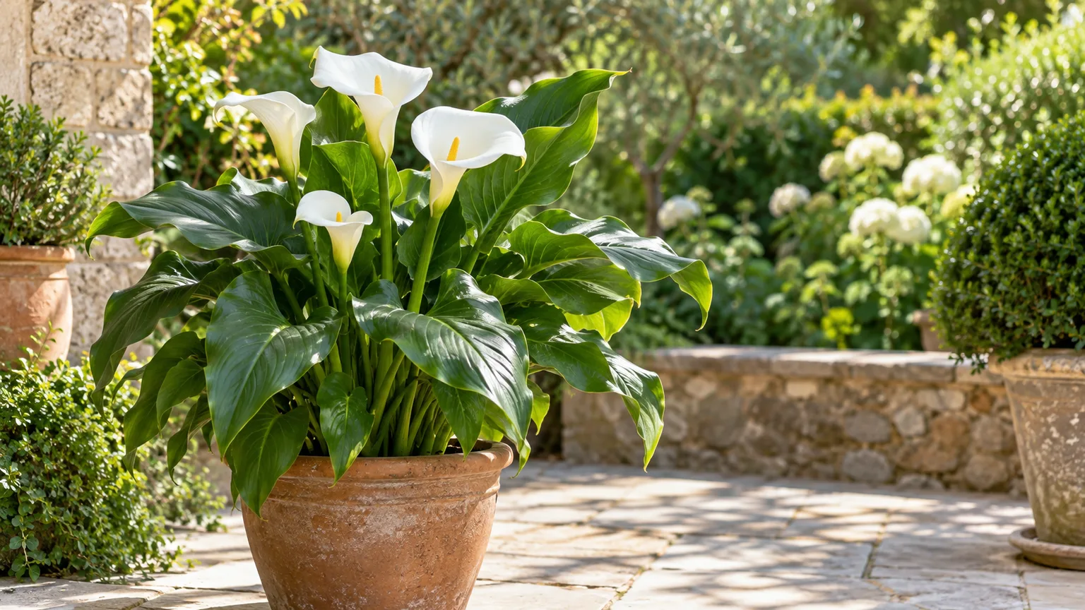 Healthy white calla lily growing in a patio container with upright spathes and glossy leaves