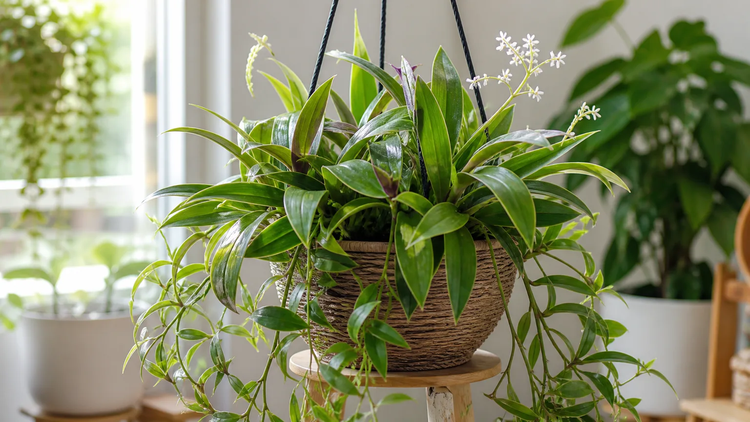 Healthy basket plant (Callisia fragrans) with cascading runners and fragrant white flowers in a hanging basket