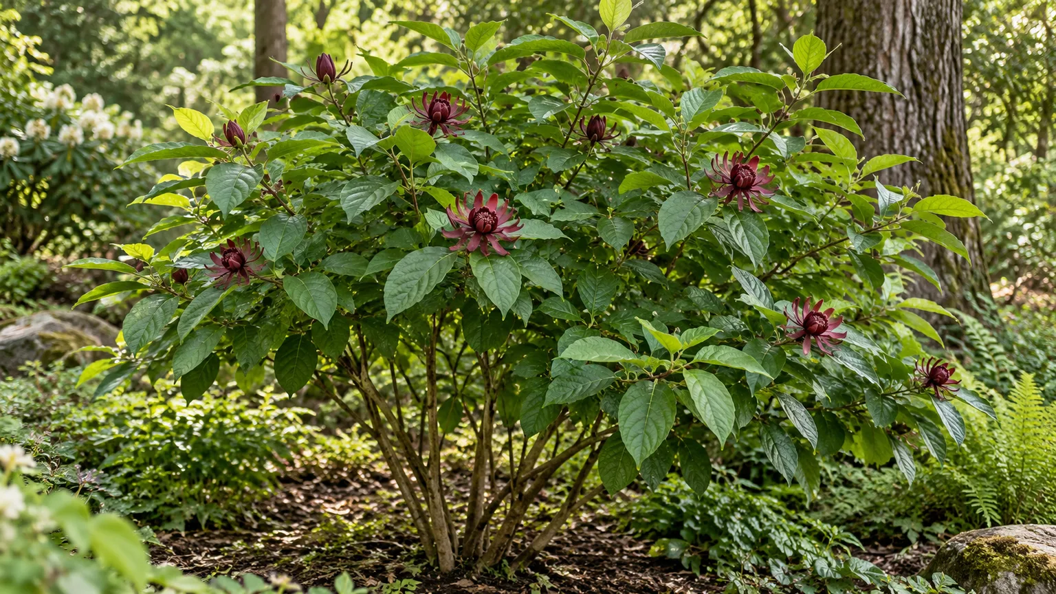 Healthy Carolina allspice shrub with maroon flowers and dark green leaves in a woodland garden