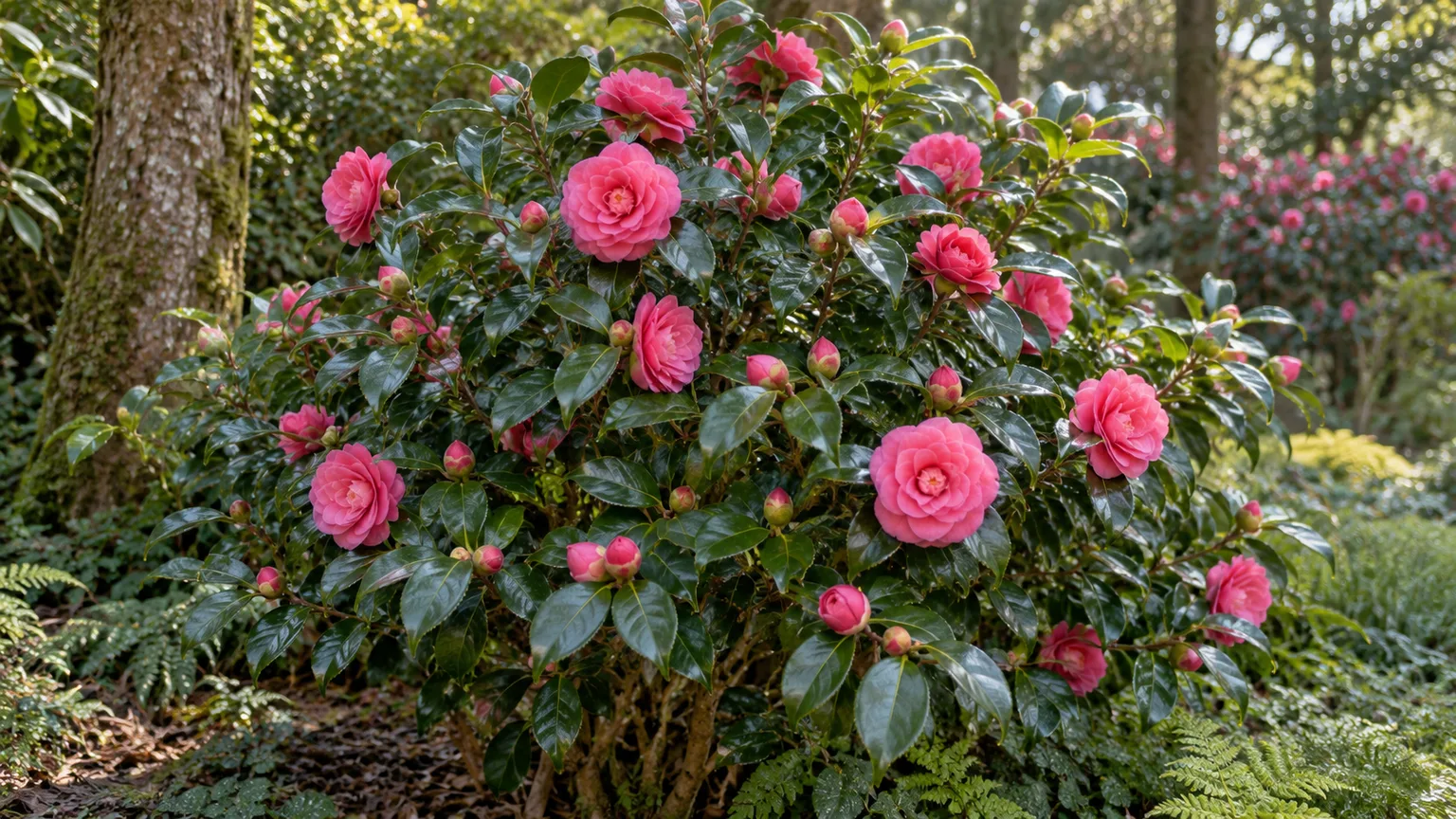 Japanese camellia shrub with glossy green leaves and pink flowers in a shaded garden