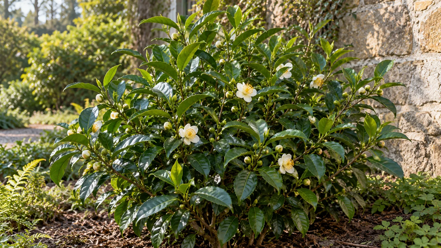 Healthy Camellia sinensis shrub with glossy foliage and small white flowers in a sheltered garden