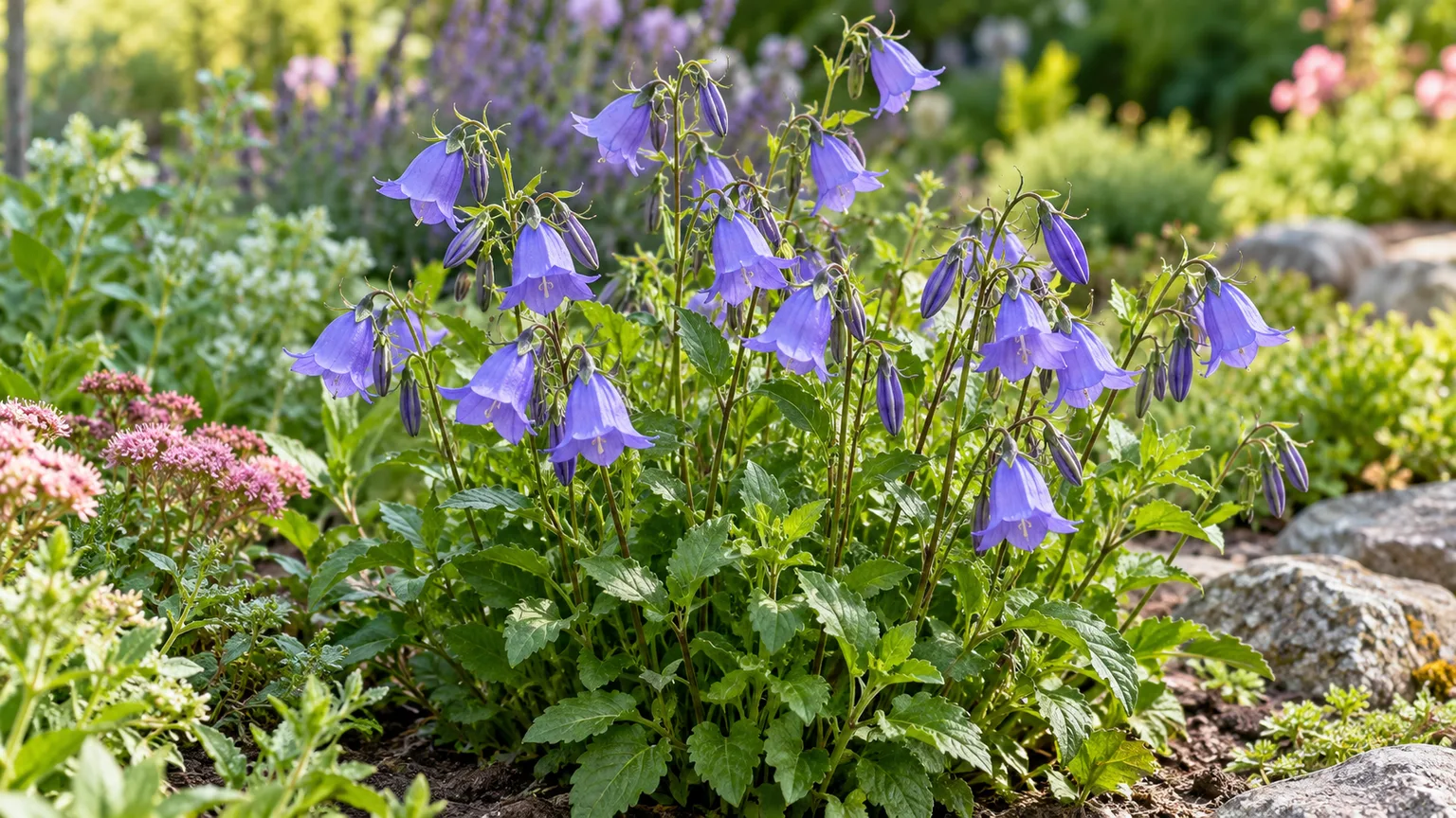 Healthy Campanula bellflower with violet-blue blooms in a garden border