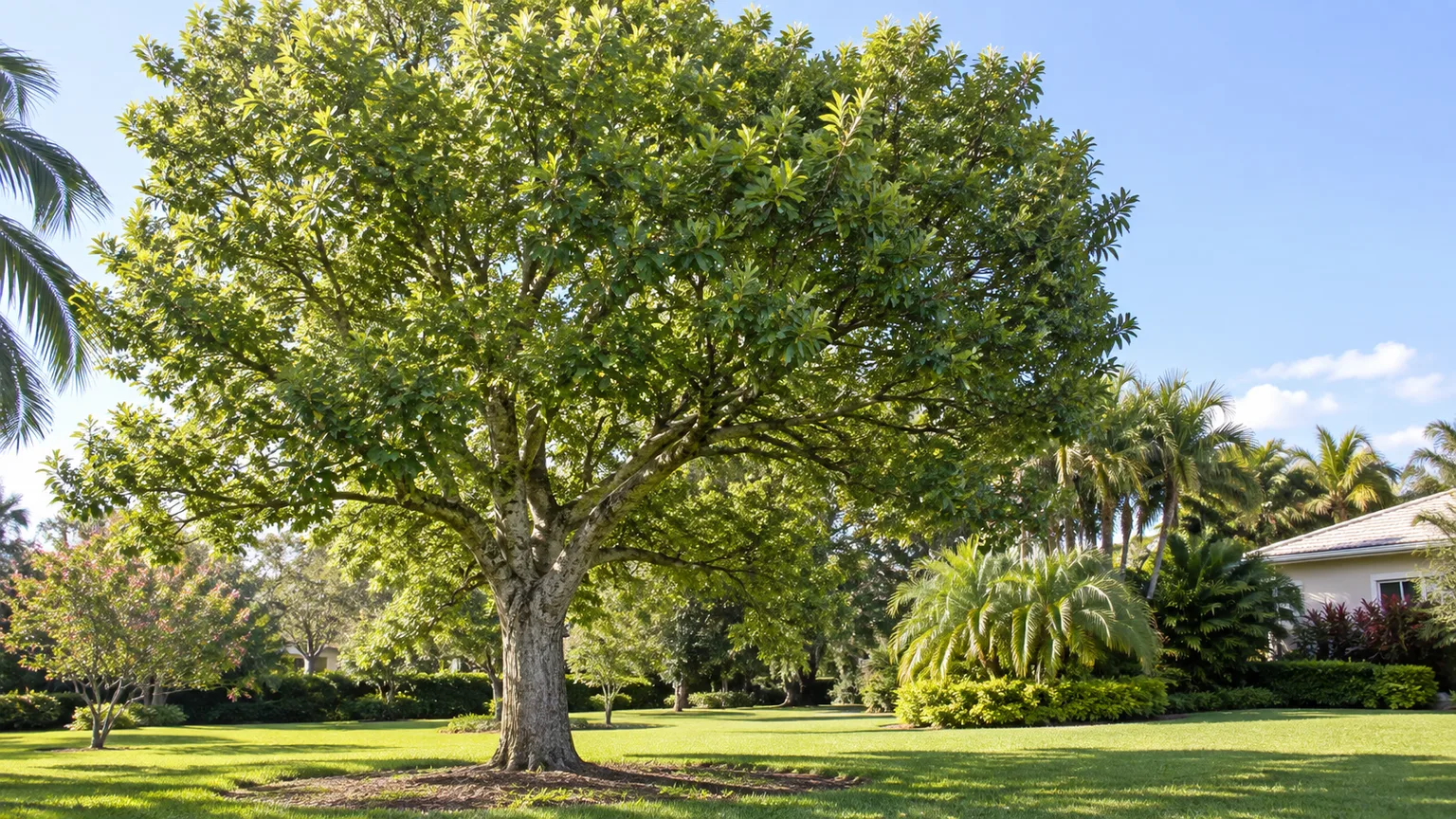 Healthy mature camphor tree with a broad evergreen canopy in a sunny subtropical garden