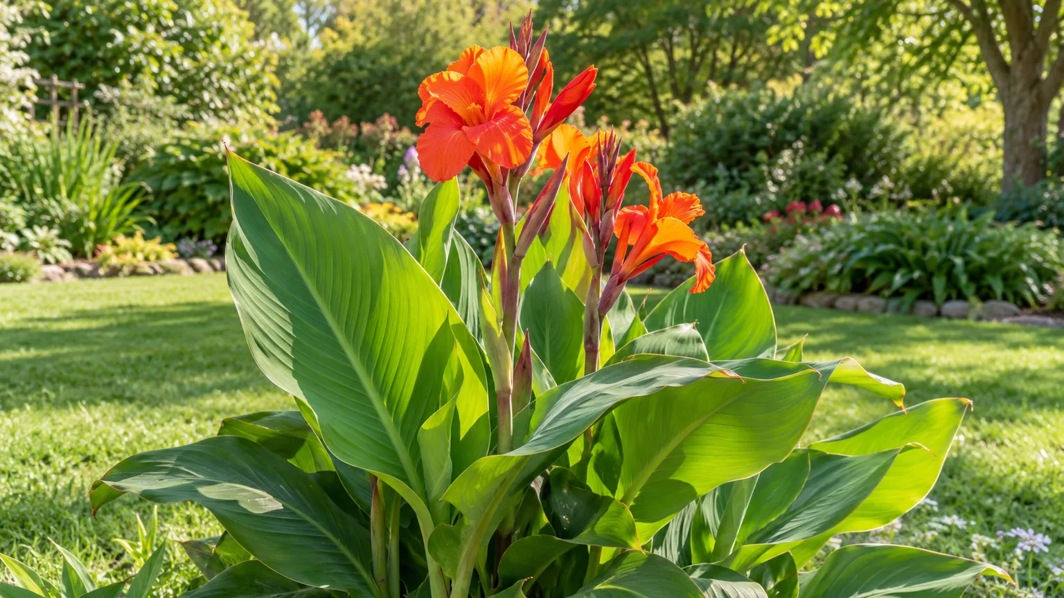 Broad canna leaves and warm-colored blooms in a sunny garden