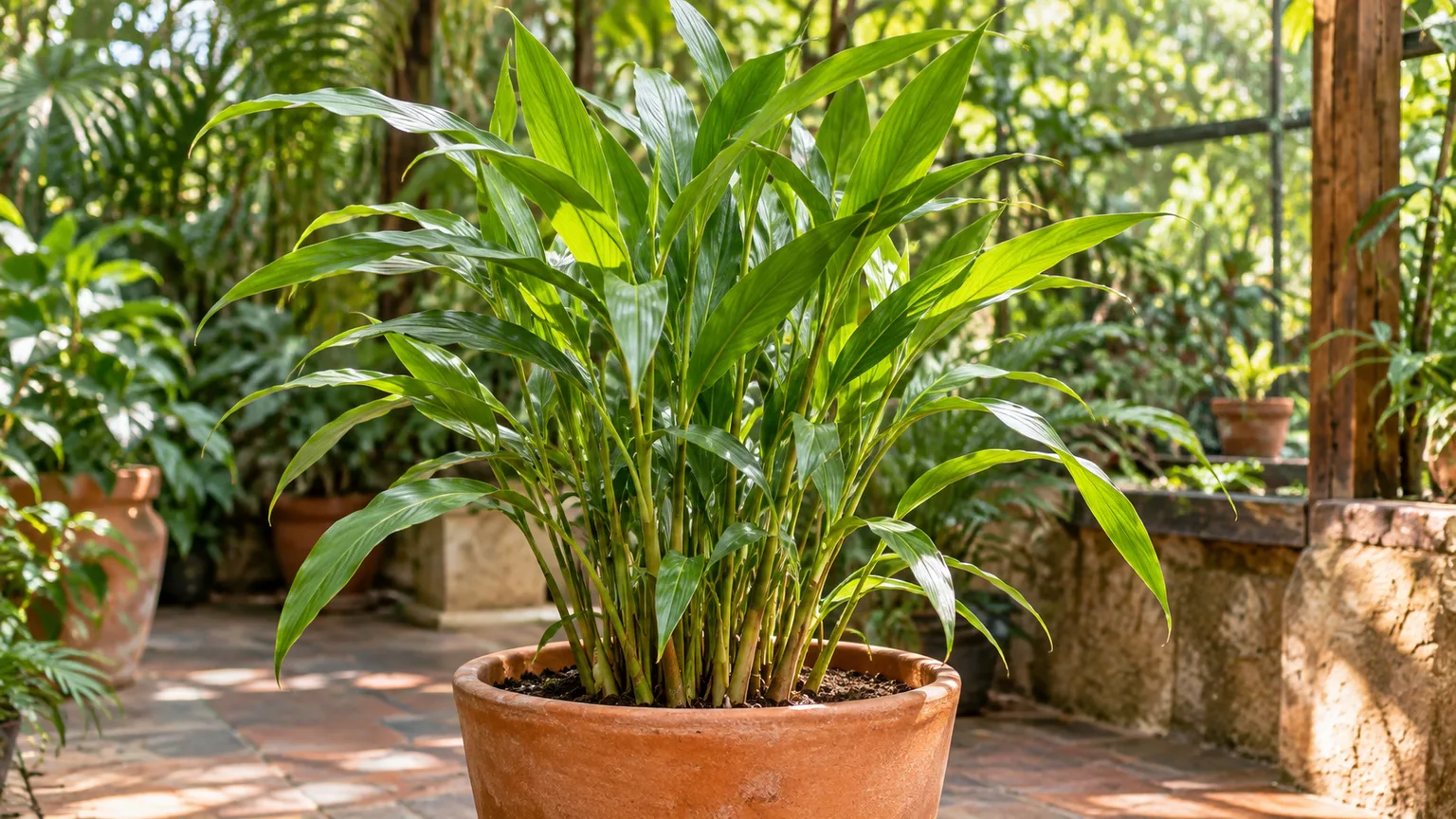 Healthy green cardamom plant growing in a terracotta pot in filtered light