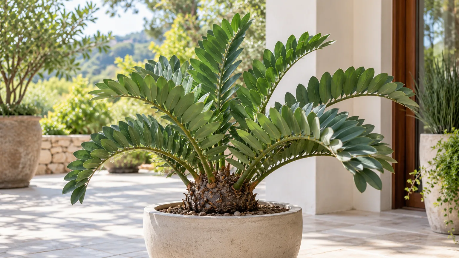 Healthy cardboard palm with stiff paired leaflets in a bright subtropical patio