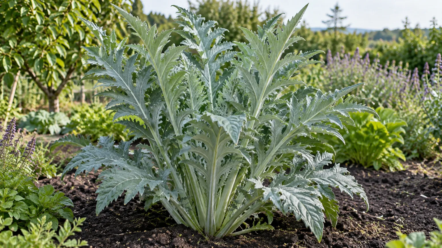 A healthy cardoon plant with broad silvery leaves in an outdoor garden bed
