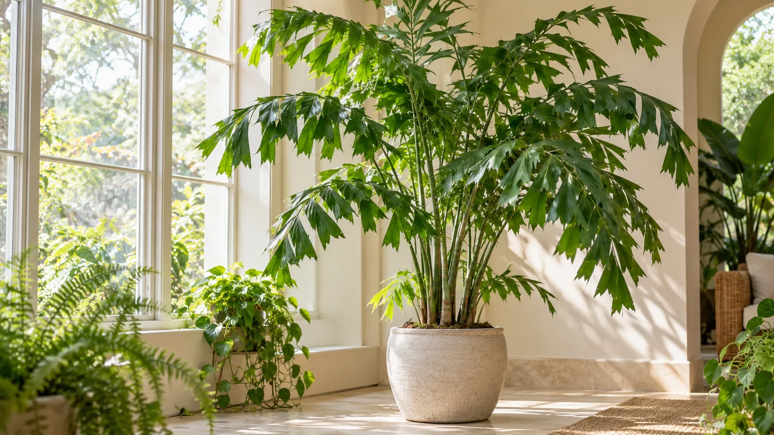 Healthy clumping Caryota mitis fishtail palm in a bright indoor conservatory corner