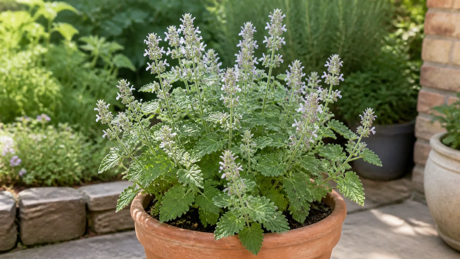 Healthy catnip plant with gray-green foliage and pale lavender flowers in a terracotta pot