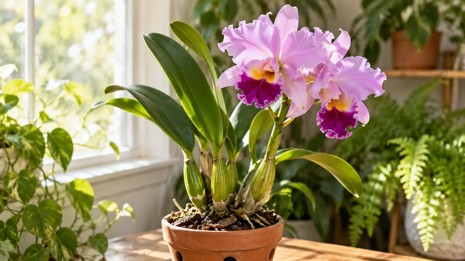 Healthy Cattleya orchid with lavender flowers and upright green pseudobulbs in bright window light