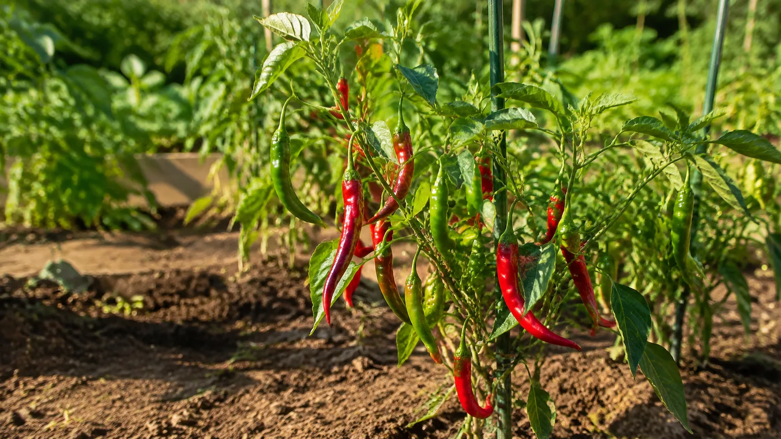 Healthy cayenne pepper plant carrying green and ripe red peppers in a sunny garden bed