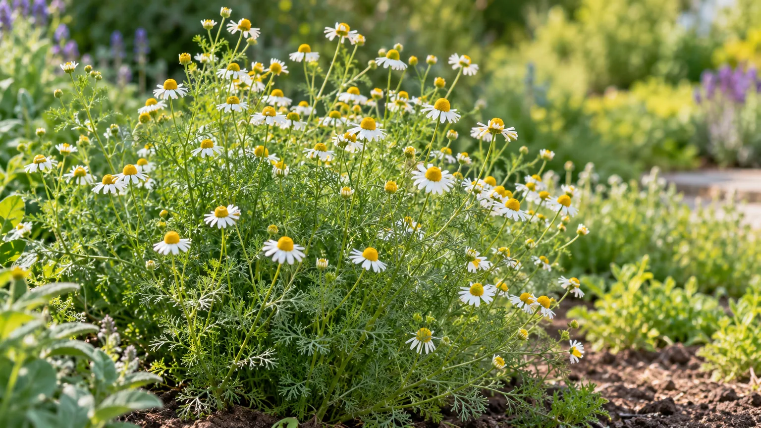 Healthy German chamomile flowering in a sunny herb bed