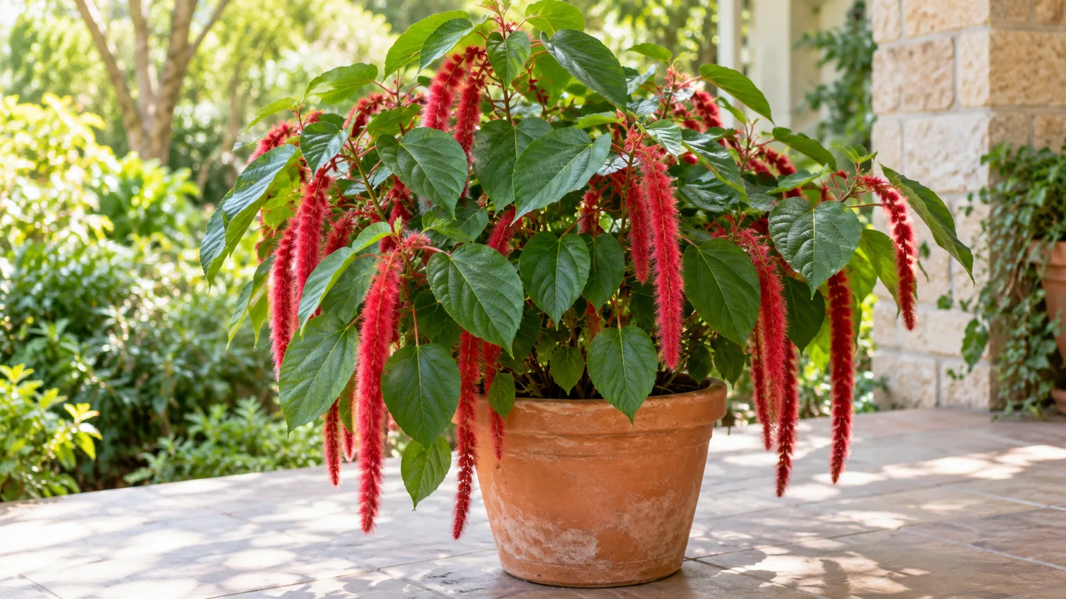 Healthy chenille plant with fuzzy red flowers and broad green leaves on a patio