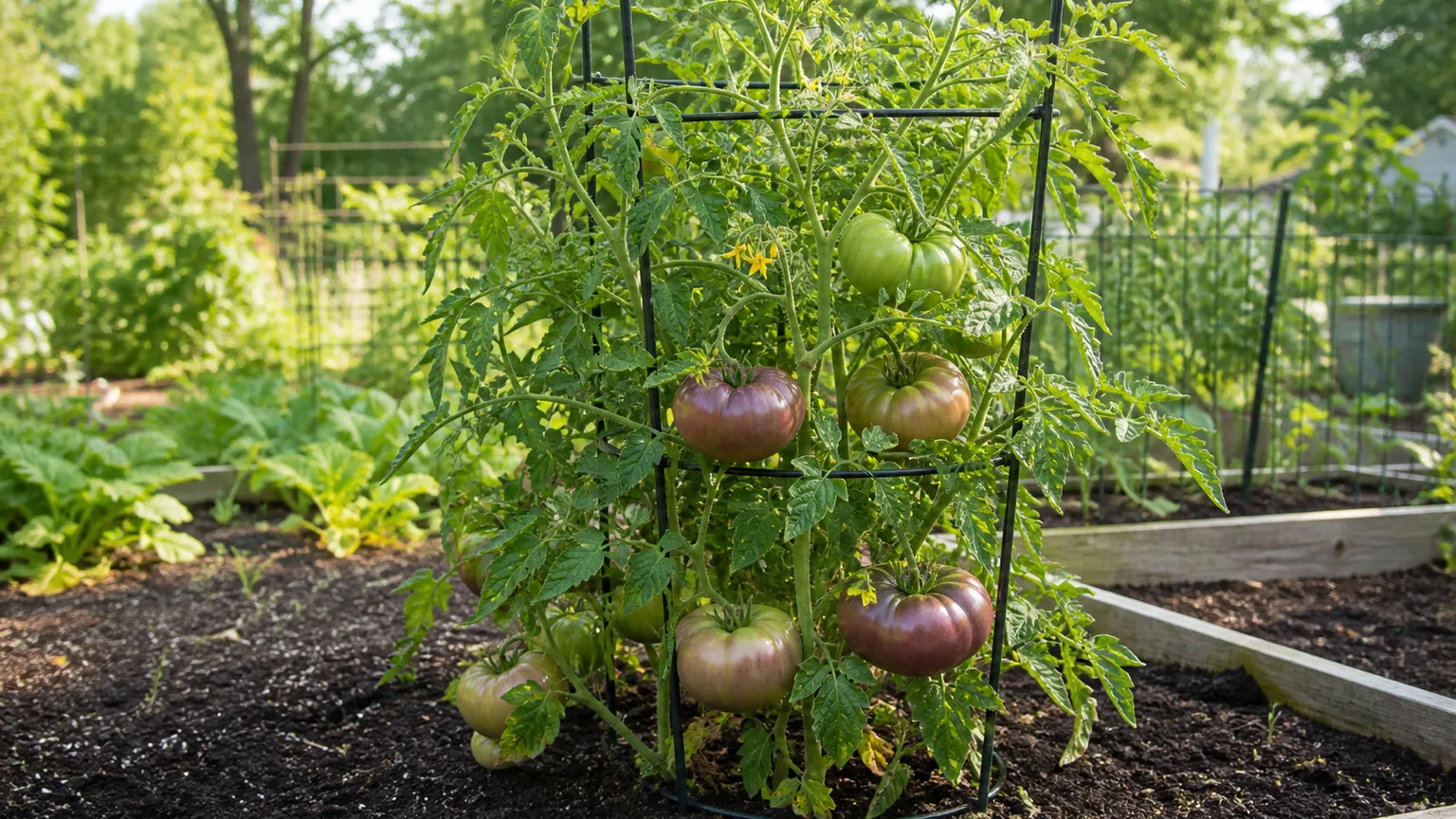 Healthy Cherokee Purple tomato vine with dusky-purple beefsteak fruit in a supported garden bed