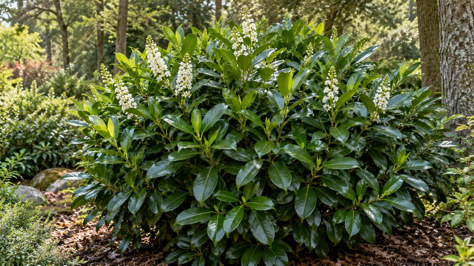 Healthy cherry laurel shrub with glossy leaves and white spring flowers