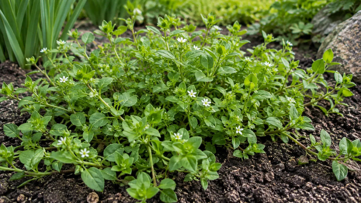 A healthy chickweed patch with small white flowers in a garden bed