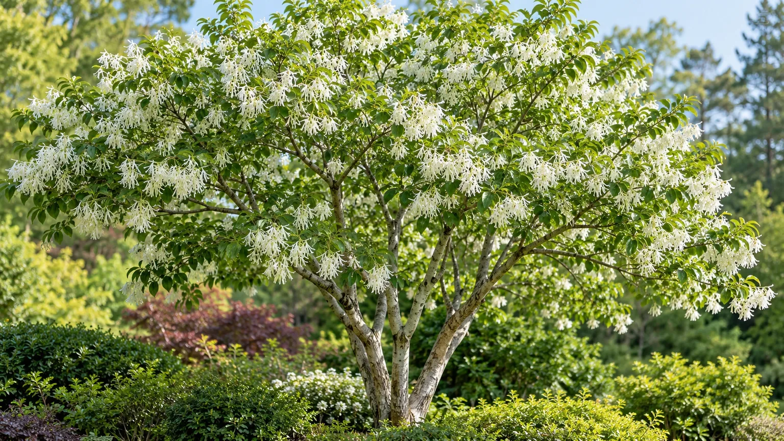 Chinese fringe tree in spring bloom with white flowers and a naturally multi-stemmed form