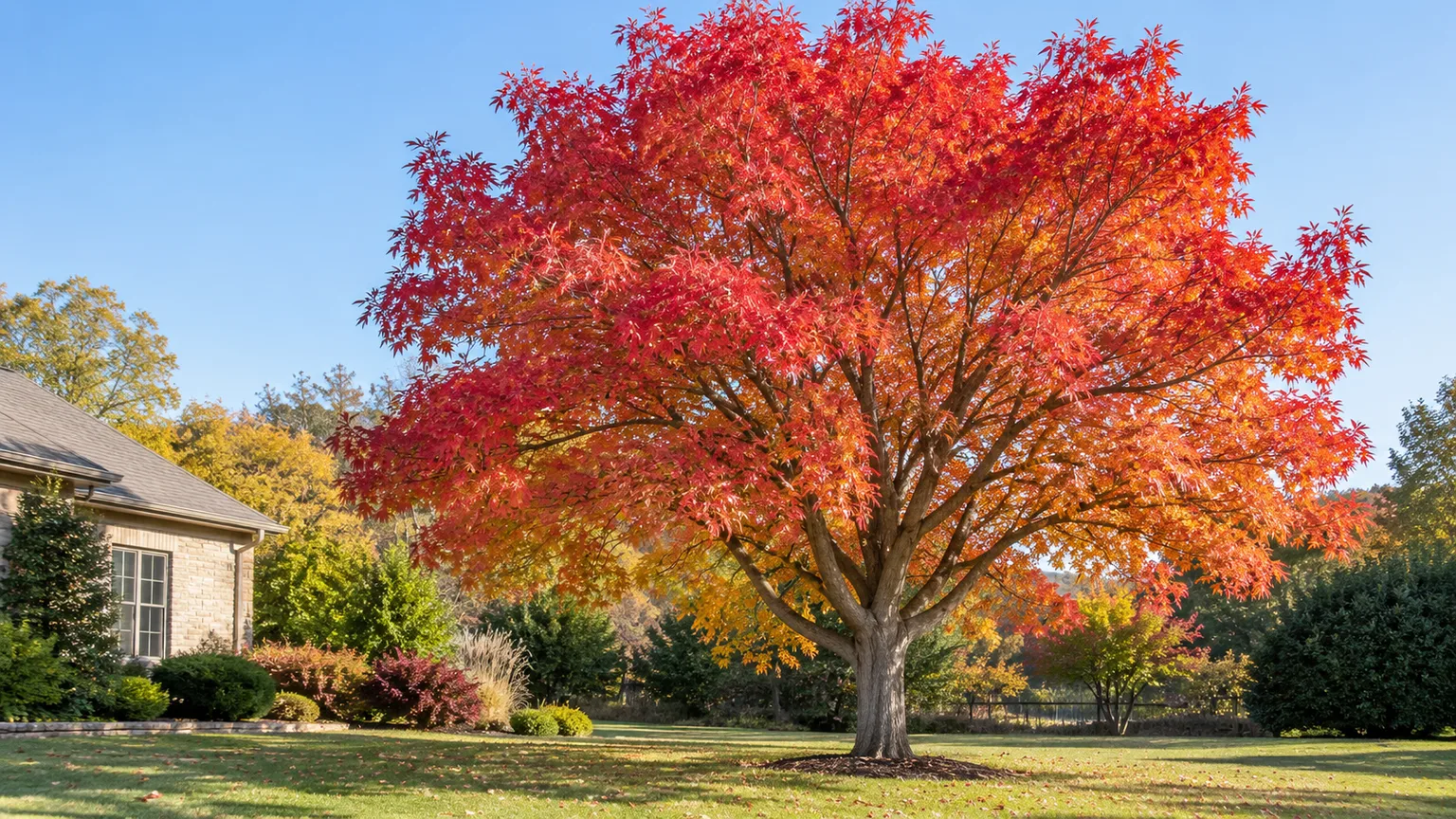 Mature Chinese pistache tree with red-orange pinnate foliage in autumn.