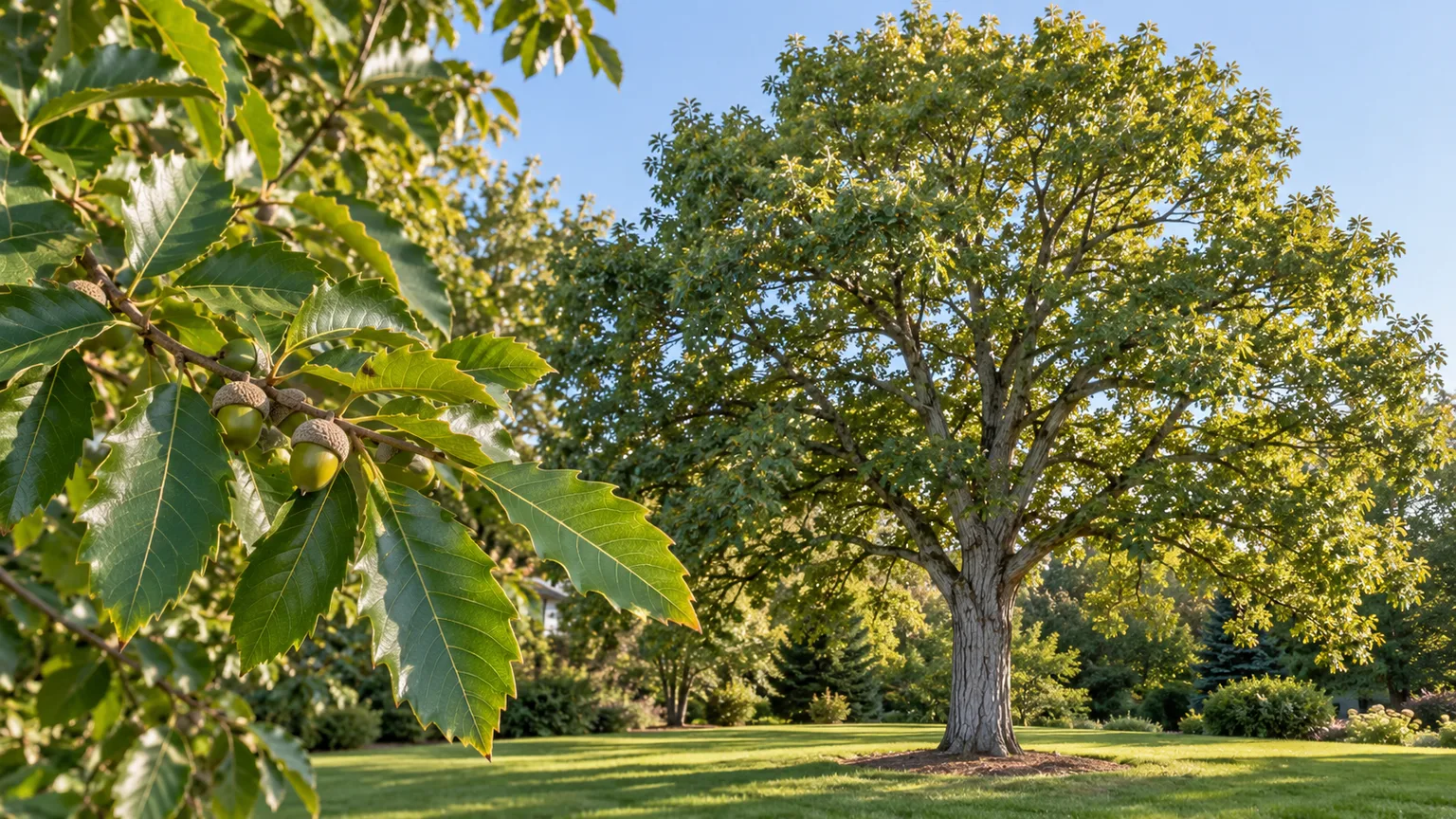 Mature Chinkapin Oak with toothed leaves and pale gray bark