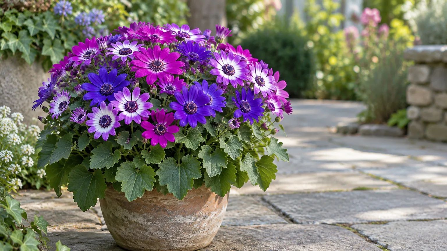 Healthy florist’s cineraria with violet, magenta, and white blooms on a shaded patio