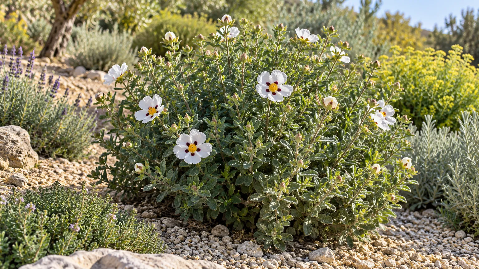 Healthy Cistus rockrose with papery white flowers in a sunny gravel garden