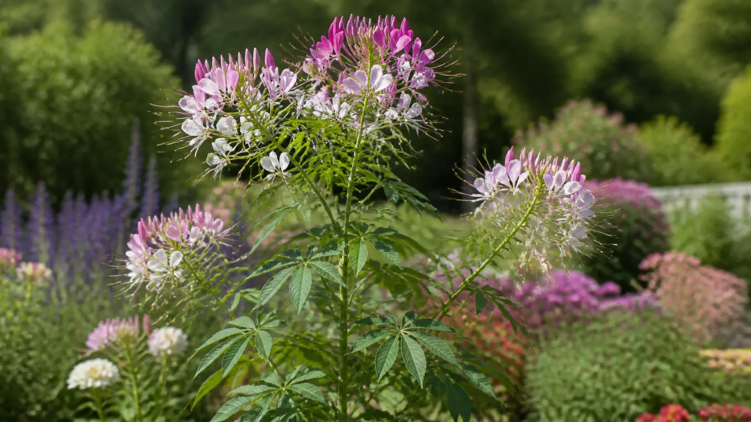 Healthy pink and white cleome (spider flower) blooming in a sunny garden border