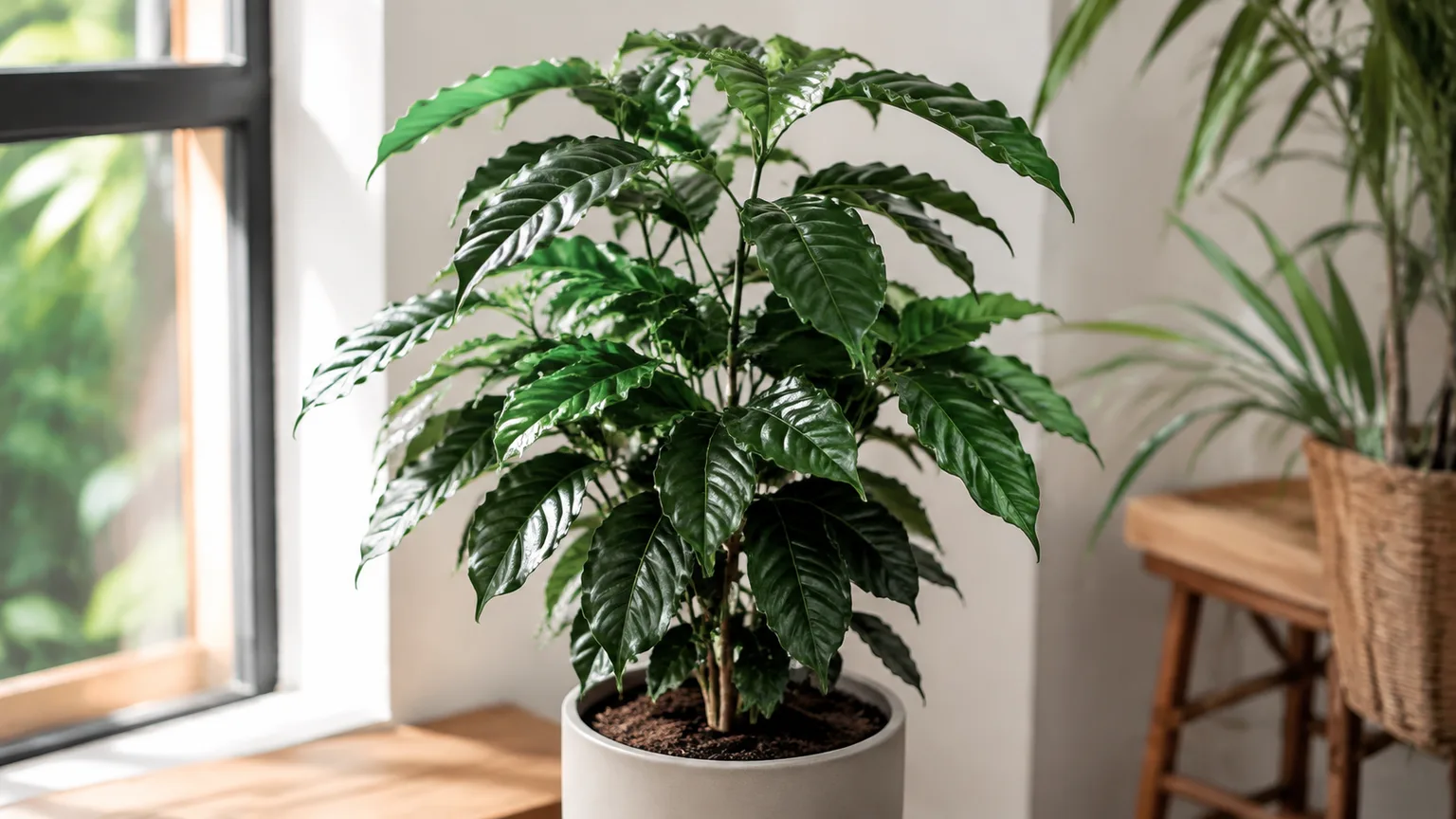 Healthy Coffea arabica coffee plant with glossy green leaves in a bright indoor corner
