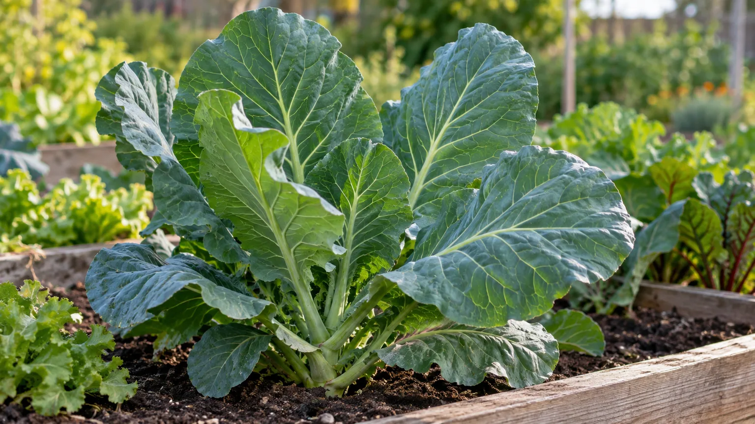 Healthy collard greens plant with broad blue-green leaves in a raised garden bed