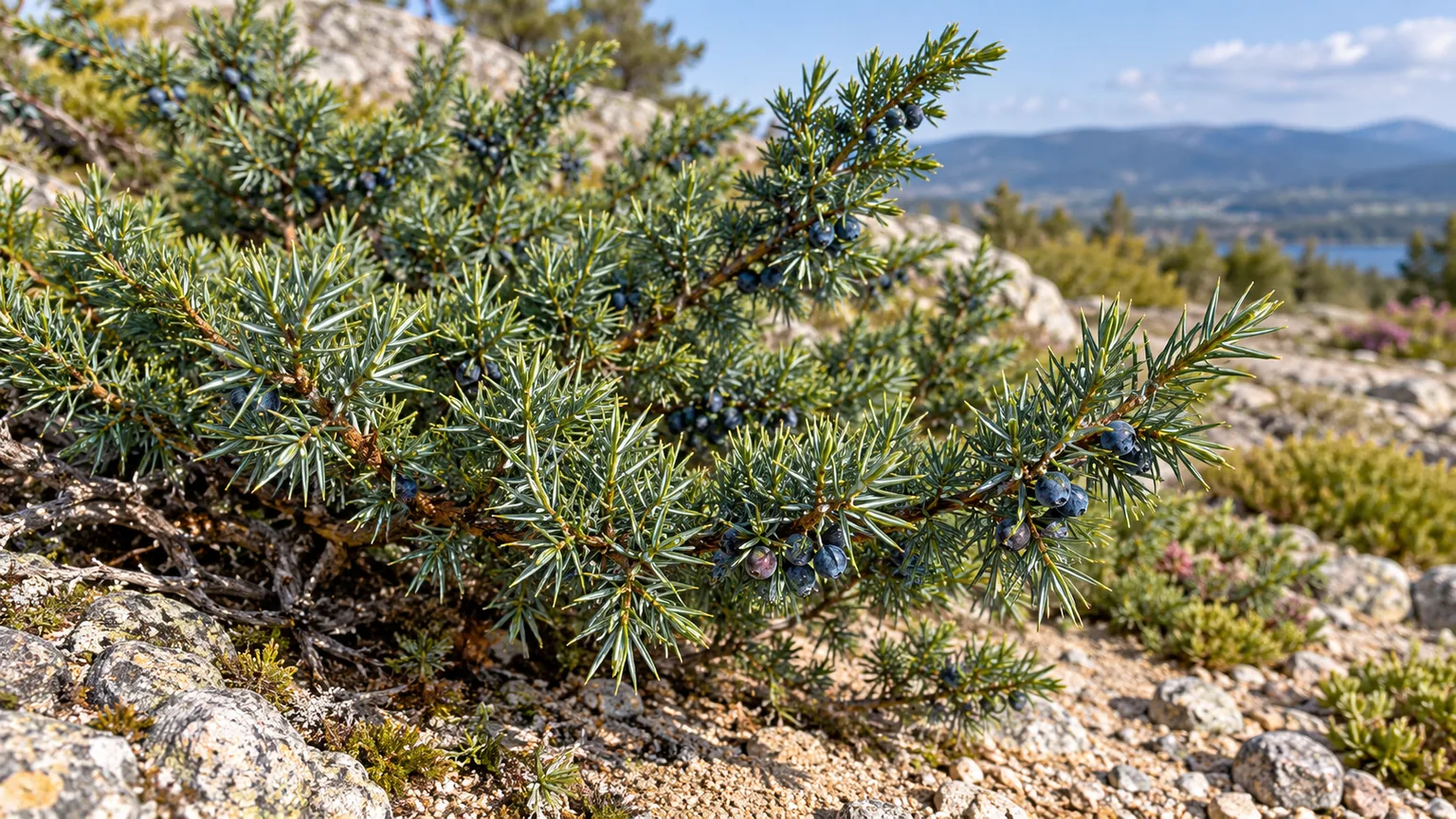 Common juniper with blue-green needle whorls and blue-black cones in a sunny rocky garden