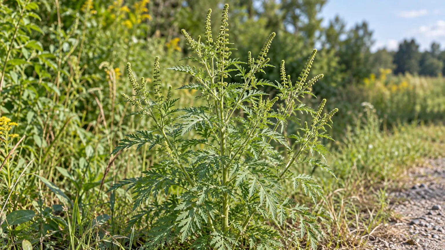 Mature common ragweed with divided leaves and green flower spikes