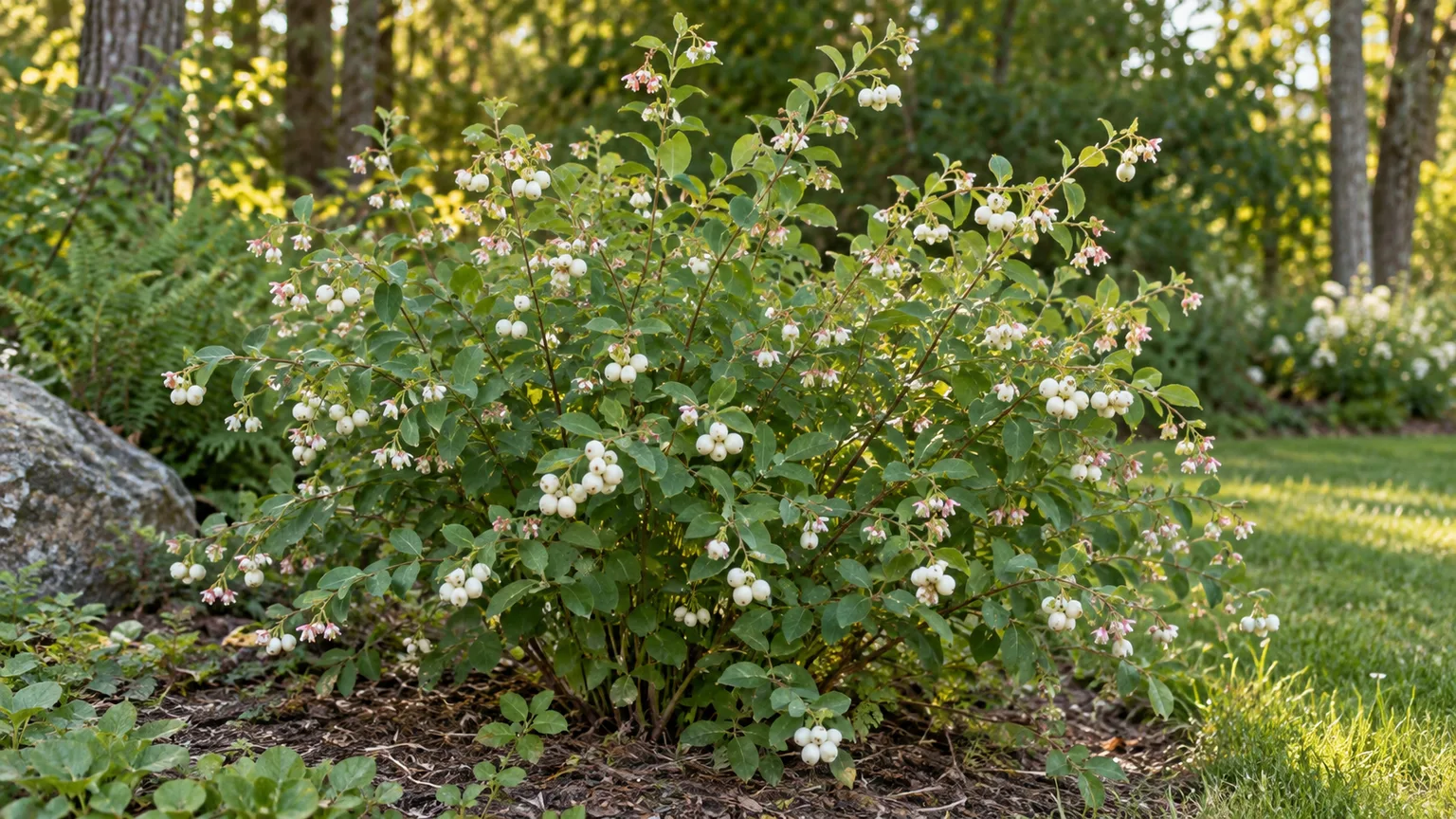 Healthy common snowberry shrub with white berries in a garden border