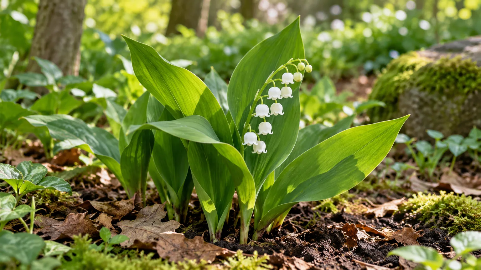 White Convallaria majalis bells and green leaves