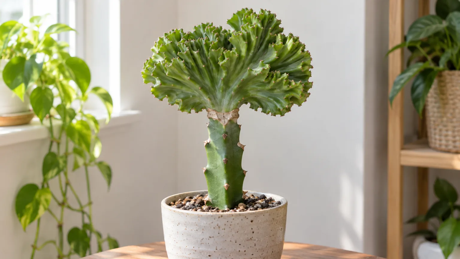 Healthy coral cactus with a fan-shaped green crest grafted onto a sturdy Euphorbia stem