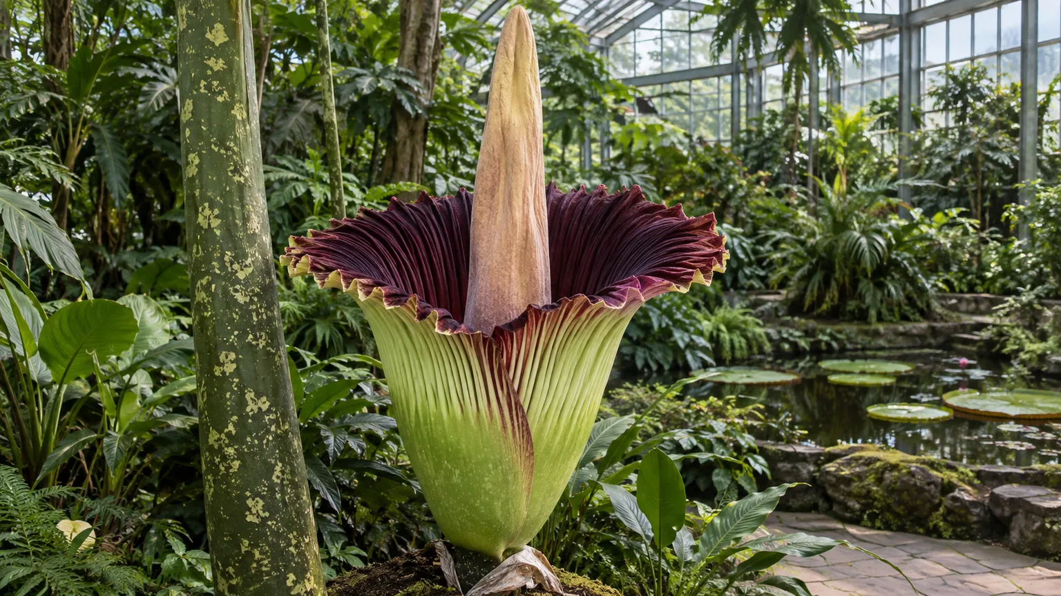 Titan arum corpse flower with a tall central spadix and deep maroon spathe in a conservatory