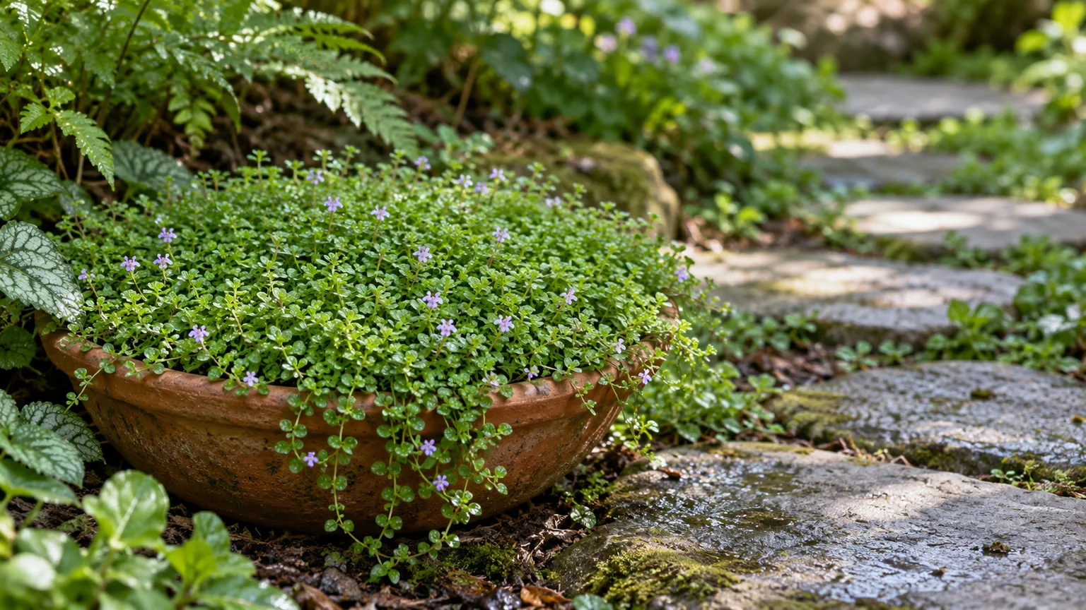 Corsican mint growing as a low mat of tiny green leaves with lilac flowers