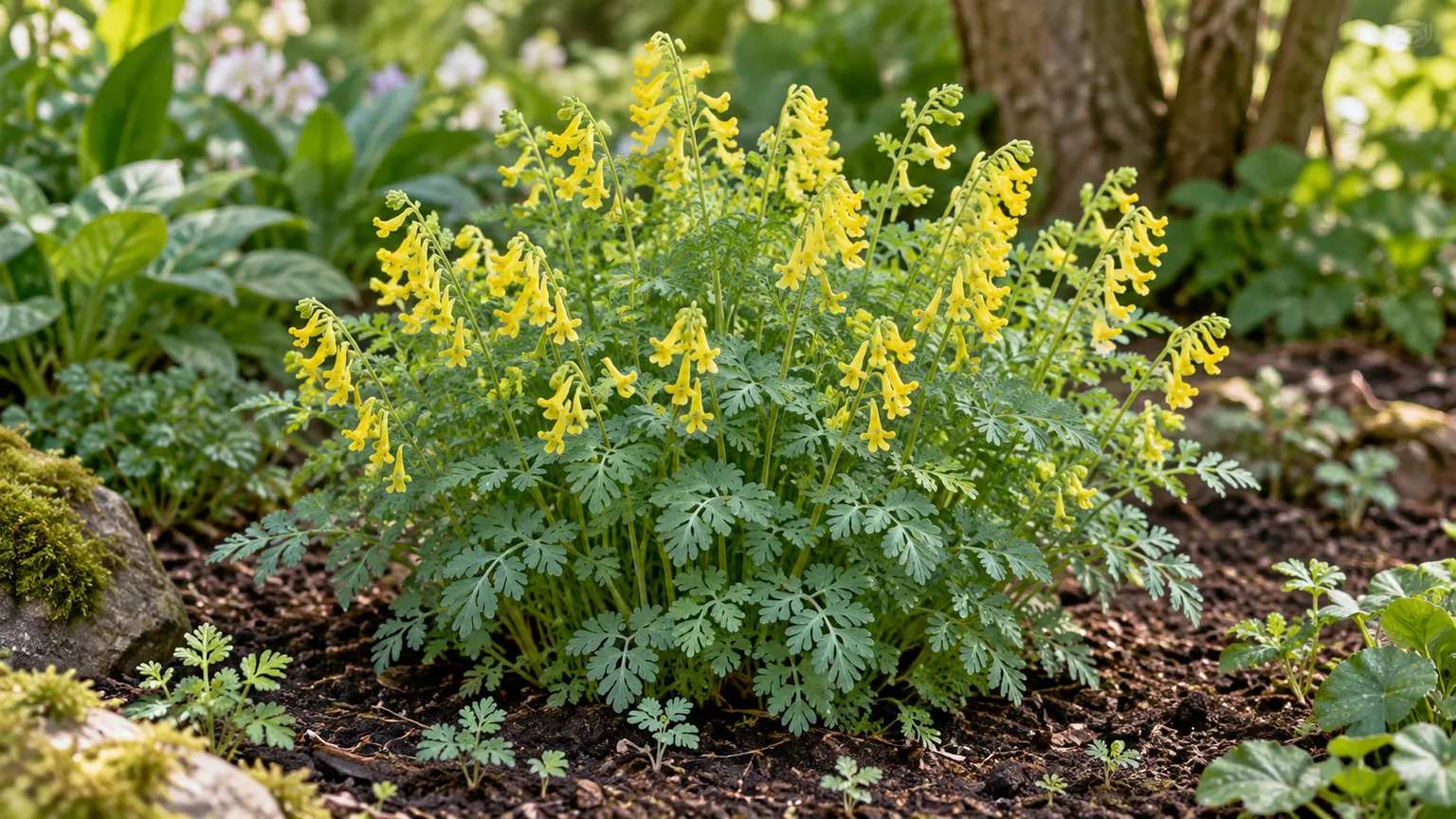 Yellow Corydalis lutea flowers above delicate leaves