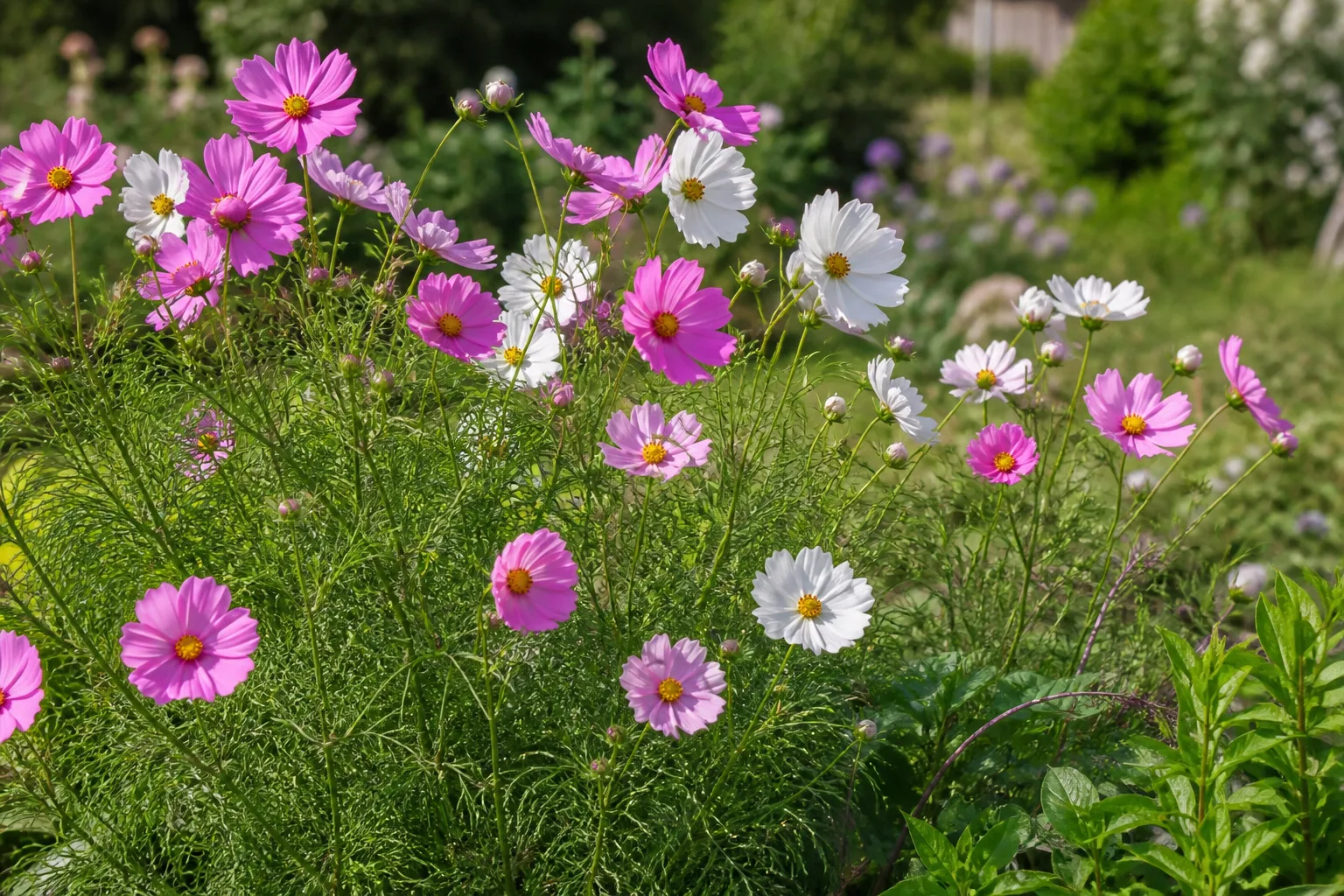Pink and white cosmos flowers with feathery foliage in a sunny cutting garden