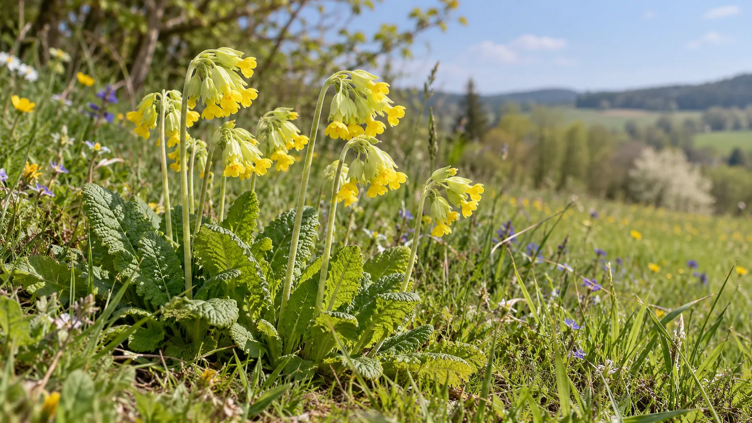 Common cowslip blooming with yellow bell-shaped flowers above crinkled leaves in a spring meadow
