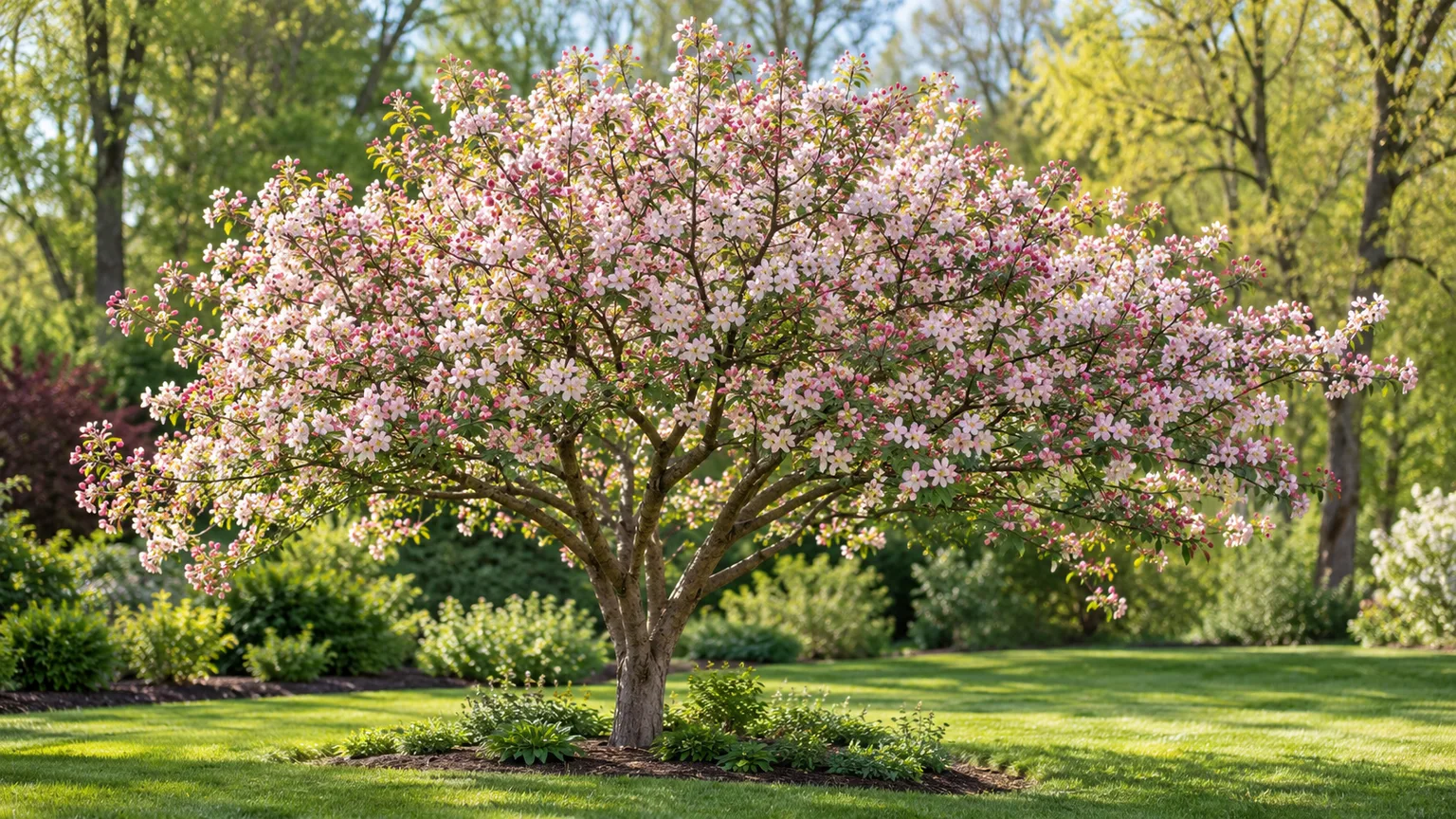 Flowering crabapple tree with pale pink and white blossoms in a garden
