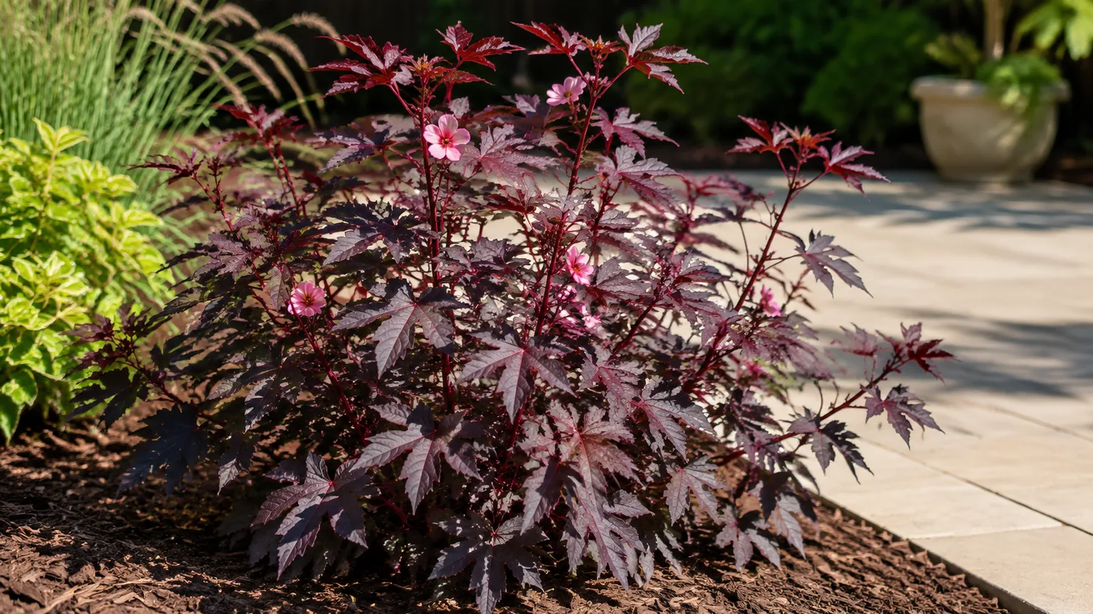 Healthy cranberry hibiscus with burgundy foliage and pink flowers in a sunny garden