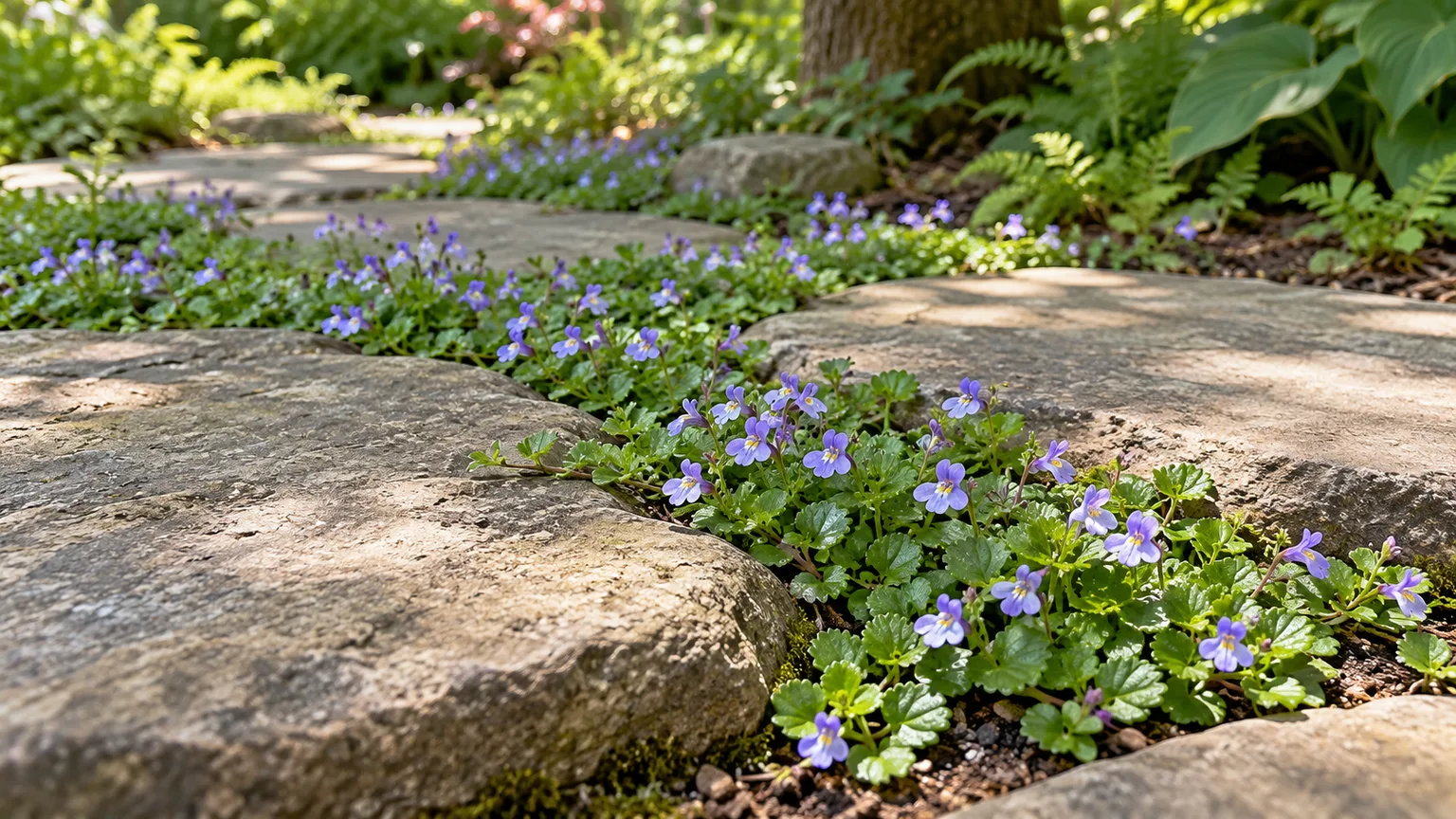 Healthy creeping mazus with tiny lavender-blue flowers growing between stepping stones