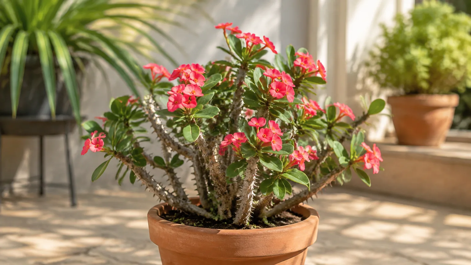 Healthy crown of thorns (Euphorbia milii) with pink bracts and thorny stems