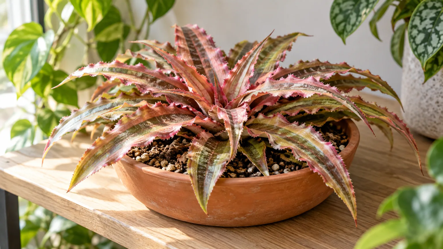 Healthy earth star bromeliad in a shallow pot with a striped rosette
