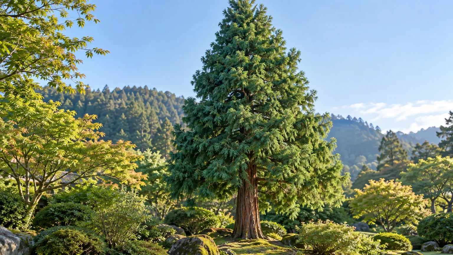 Healthy Japanese cedar with soft blue-green foliage and fibrous reddish-brown bark in a temperate garden
